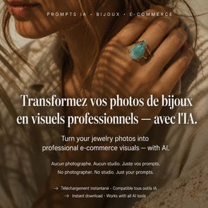 Peut inclure: Une bague dorée avec une pierre bleue en forme de goutte. L'image contient le texte : PROMPTS IA BIJOUX E-COMMERCE, Transformez vos photos de bijoux en visuels professionnels avec l'IA, Turn your jewelry photos into professional e-commerce visuals with AI.