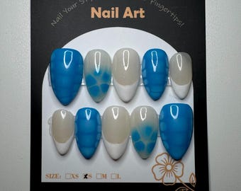 Blue & White, Almond summer nails (SIZE SMALL)