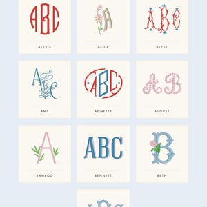 Pode incluir: Uma grade de dez estilos de monogramas intitulada Maison Renaud Monogram Styles. Cada quadrado exibe um design de letra exclusivo com os nomes Alexis, Alice, Alyse, Amy, Annette, August, Bamboo, Bennett, Beth e Blair impressos abaixo.