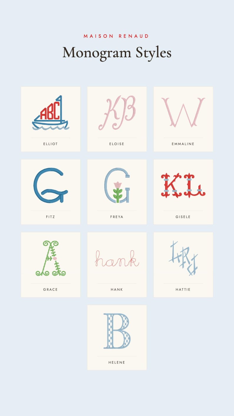 Pode incluir: Uma tabela Maison Renaud Monogram Styles com dez designs de letras bordadas distintos rotulados como Elliot, Eloise, Emmaline, Fitz, Freya, Gisele, Grace, Hank, Hattie e Helene, exibidos em uma grade sobre um fundo azul claro.