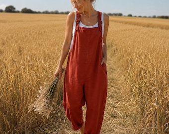 Tuta intera estiva da donna, stile boho, gamba larga, vestibilità comoda e casual, con spalline regolabili, abito in lino.