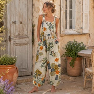 Mono bohemio floral para mujer, peto de pierna ancha con bolsillos, sin mangas, corte holgado, ideal para vacaciones de verano. Ropa informal.
