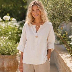 Camicetta di lino da donna, top estivo con scollo a V e maniche a 3/4, camicia in cotone e lino dalla vestibilità ampia, tunica boho, abbigliamento casual.
