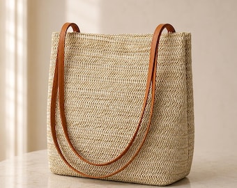 Borsa tote in paglia intrecciata a mano per donna, piccola borsa da spiaggia in rattan con tracolla in pelle, borsa a tracolla estiva boho, regalo per lei