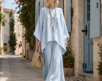 Ensemble bohème deux pièces pour femme, pantalon large et haut à manches chauve-souris, vêtements de détente d'été coupe ample en lin, tenue décontractée oversize en coton