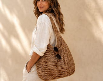 Handwoven Straw Beach Tote Bag, Large Woven Shoulder Bag for Women, Boho Rattan Summer Tote, Casual Outfit Accessories, Market Bag