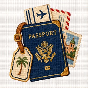 May include: A needlepoint design featuring a dark blue United States passport with a gold eagle emblem, a brown luggage tag with a green palm tree, an airline boarding pass with a blue airplane icon, and a postage stamp showing a building.