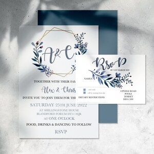 Dusty Blue Geo Floral Printed Wedding Invitation