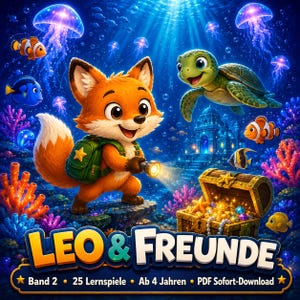 May include: A digital illustration featuring a cartoon fox with a green backpack and flashlight exploring an underwater scene with a sea turtle, colorful coral, jellyfish, and a treasure chest. The text reads LEO & FREUNDE Band 2 25 Lernspiele Ab 4 Jahren PDF Sofort-Download.