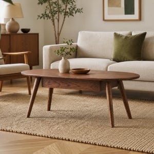 May include: An oval-shaped wooden coffee table with a rich brown finish, featuring four tapered legs and a single integrated drawer centered beneath the tabletop. The surface is smooth and displays a visible wood grain pattern throughout the structure.