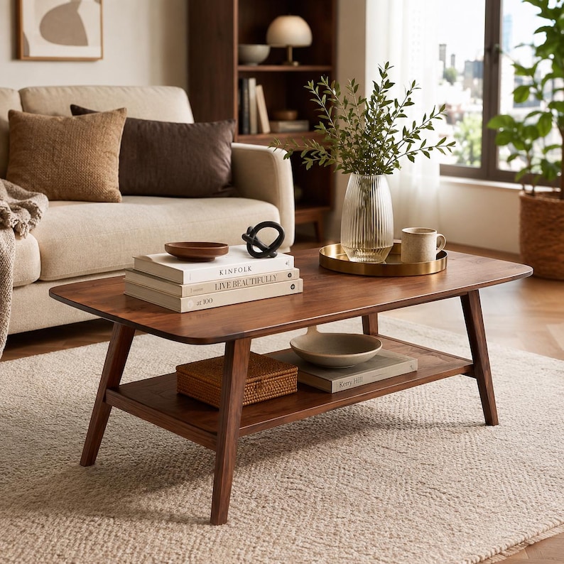 May include: A rectangular wooden coffee table with tapered legs and a lower shelf. The top surface holds a stack of books titled Kinfolk, Live Beautifully, and at 100, a small brown bowl, a black knot sculpture, a glass vase with greenery, and a mug.