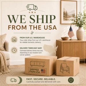 May include: A graphic display featuring the text WE SHIP FROM THE USA in dark green and brown, accompanied by icons of a delivery truck, a warehouse, a clock, and a map of the United States. Two cardboard boxes sit in the foreground.
