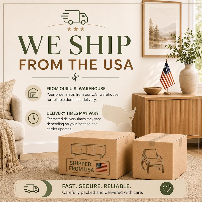 May include: A graphic display featuring the text WE SHIP FROM THE USA in dark green and brown, accompanied by icons of a delivery truck, a warehouse, a clock, and a map of the United States. Two cardboard boxes sit in the foreground.