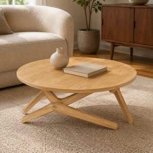 May include: A round light-toned wooden coffee table with a smooth surface and a unique intersecting leg design. A small, matte beige ceramic vase and a closed, light-colored rectangular book are placed on top of the table's flat surface.