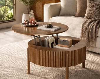 May include: A round wooden coffee table with a lift-top mechanism that reveals a hidden storage compartment. The table features a slatted, cylindrical base design and a smooth, dark brown wood grain finish on the top surface.