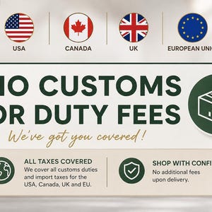 May include: A rectangular informational graphic featuring the text NO CUSTOMS OR DUTY FEES and We've got you covered! with icons of the USA, Canada, UK, and EU flags. It includes additional text stating ALL TAXES COVERED and SHOP WITH CONFIDENCE.