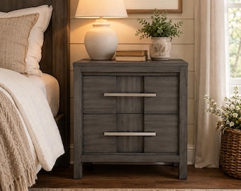 2 Drawer Nightstand,Transitional Soild Wood Bedside Table with Felt-Lined Drawer & Nickel Pulls