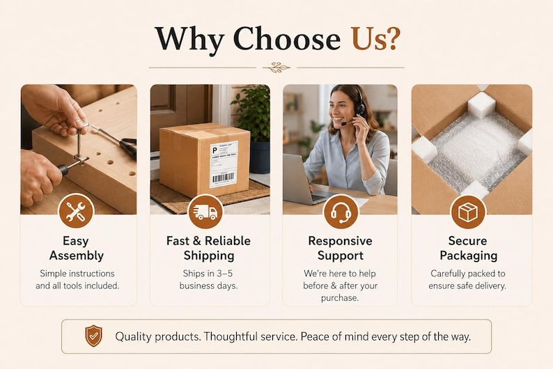 May include: An infographic titled Why Choose Us? featuring four sections: Easy Assembly with tools, Fast & Reliable Shipping with a cardboard box, Responsive Support with a headset, and Secure Packaging with foam inserts. Text includes Quality products.