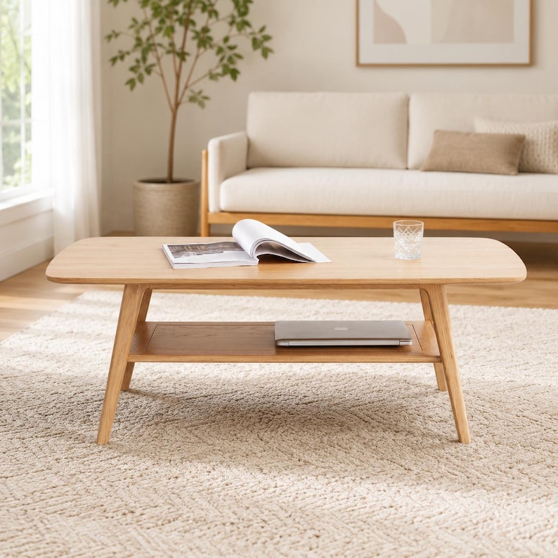 May include: A light-toned wooden coffee table with rounded corners and four tapered legs. The table features a lower shelf holding a closed laptop, while the top surface displays an open book and a clear glass tumbler filled with water.