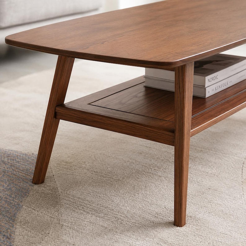 May include: A rectangular coffee table crafted from dark brown wood with a smooth, polished surface. The table features four tapered legs and a lower shelf that holds two stacked books with the visible text Nordic and Kinfolk on the spines.