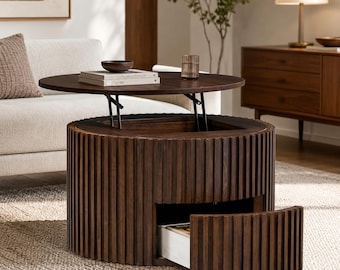 May include: A round, dark brown wooden coffee table with a fluted, slatted exterior design. The table features a lift-top mechanism that reveals an interior storage compartment and a single pull-out drawer with a white interior base.
