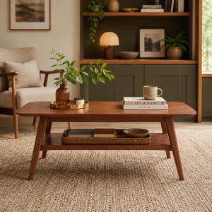 May include: A rectangular wooden coffee table with a lower shelf, featuring a warm brown finish and tapered legs. The top surface holds a gold tray with a glass vase and plant, a ceramic mug, and two stacked books titled Live Beautiful and Kinfolk.