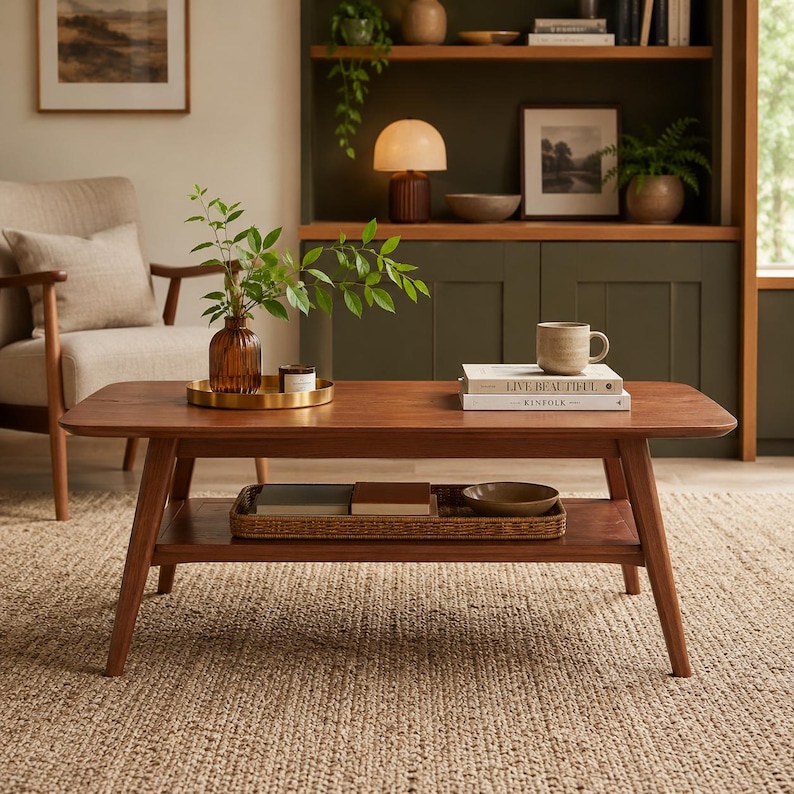 May include: A rectangular wooden coffee table with a lower shelf, featuring a warm brown finish and tapered legs. The top surface holds a gold tray with a glass vase and plant, a ceramic mug, and two stacked books titled Live Beautiful and Kinfolk.