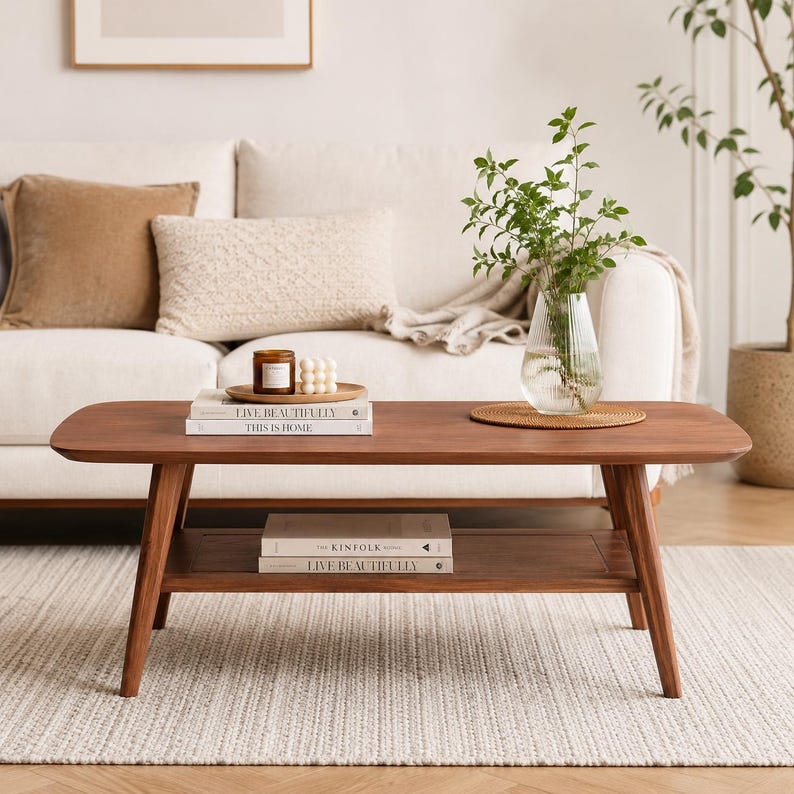 May include: A rectangular wooden coffee table with rounded corners and a lower shelf. The top surface holds a glass vase with green foliage, a small candle, and two stacked books titled Live Beautifully and This Is Home. A book is on the shelf.