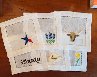 Texas Embroidered Cocktail Napkins | Personalized Texas Gift | Bluebonnets, Cowboy Boots, Longhorn & More