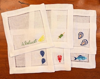 Embroidered Coastal Icon Linen Cocktail Napkins | Personalized Hostess Gift