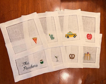 Embroidered Linen Cocktail Napkins | NYC Icons, Personalized Hostess Gift