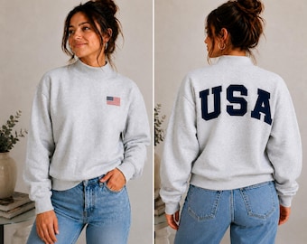 Patriotic USA Embroidered Sweatshirt | American Flag Embroidery Front & USA Embroidery Back | Unisex Crewneck | Fourth of July Gift