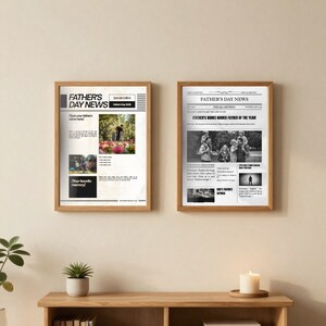 Op de afbeelding: Twee ingelijste prints met een krantenlay-out getiteld Father's Day News. De linker print bevat tijdelijke aanduidingen voor foto's en tekst, terwijl de rechter print zwart-wit familiefoto's toont met koppen zoals Father's Day News.