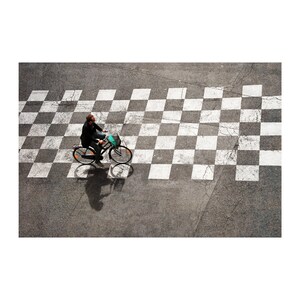Paris Checkerboard Photo, French Cyclist, Black and White, Travel Photography, Geometric Pattern