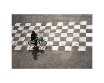 Paris Checkerboard Photo, French Cyclist, Black and White, Travel Photography, Geometric Pattern