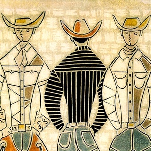 Op de afbeelding: Drie cowboys die verschillende soorten hoeden en shirts dragen. De cowboy links draagt een wit shirt met bruine en zwarte geometrische patronen, de cowboy in het midden draagt een zwart-wit gestreept shirt en de cowboy rechts draagt een wit shirt met bruine en zwarte geometrische patronen.