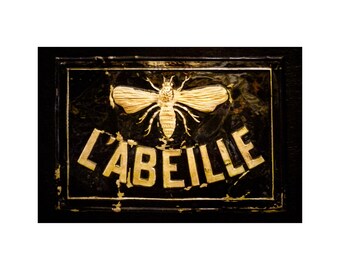 Bee Sign Photo, Paris Photography, Honey Bee, Kitchen Decor, Black, Gold, Shop Sign, Travel Photography