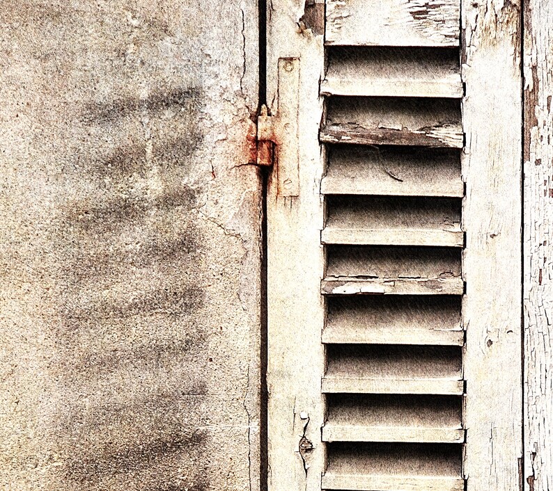May include: A weathered white wooden window shutter with a rusty hinge. The shutter is closed and has several slats. The paint is peeling and chipped, revealing the wood underneath.
