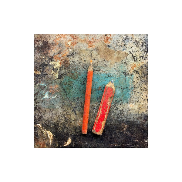 Two Red Pencils Photo, Rustic Workbench, Wabi Sabi