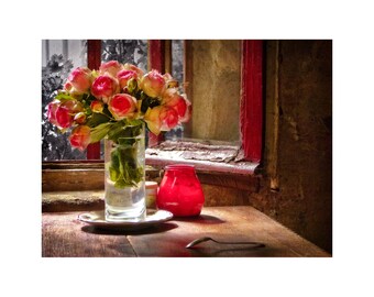 Paris Roses Photo, Romantic Window, Paris Photography, Red Pink Roses, Anniversary Gift