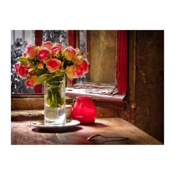 Paris Roses Photo, Romantic Window, Paris Photography, Red Pink Roses, Anniversary Gift