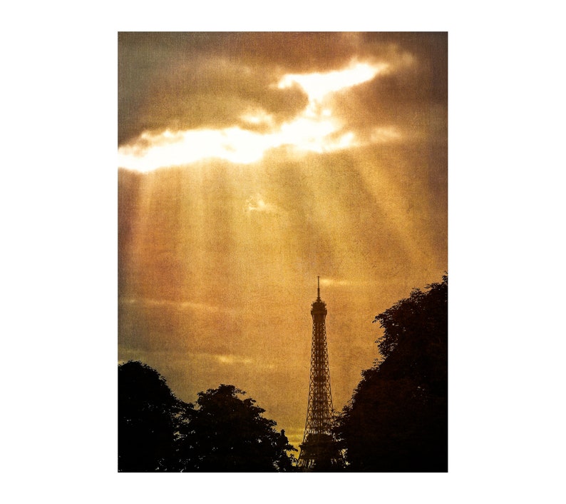 Eiffel Tower Sunbeams Photo, Paris, France, Golden Clouds, Sun Rays, Travel Photography, Paris Photograph image 1