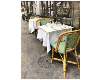 Paris Bistro Photograph, Sidewalk Café, Rattan Chairs, France Photography