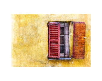 Red Shutters, French Window, Rustic Scene, Gold Tones, South of France