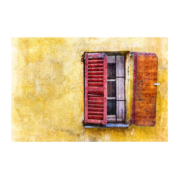 Red Shutters, French Window, Rustic Scene, Gold Tones, South of France