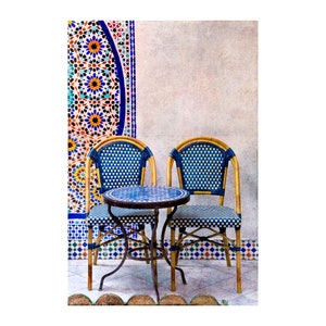 Cool Blue Chairs, Paris Photography, Rattan Chairs, Paris Café, Blue Tiles, Courtyard, Travel Photography