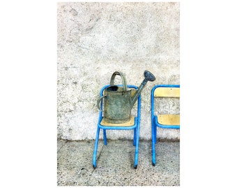 Provence France, Blue Chair Photo, Rustic Watering Can, Travel Photography