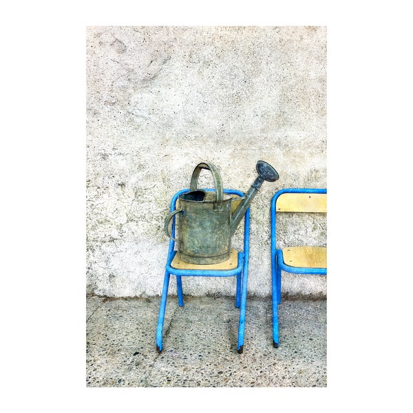 Provence France, Blue Chair Photo, Rustic Watering Can, Travel Photography