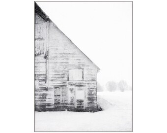 Winter White Photo, Ski Cabin Decor, Snow Photography, Snowflakes, White Barn, Rustic Western Scene