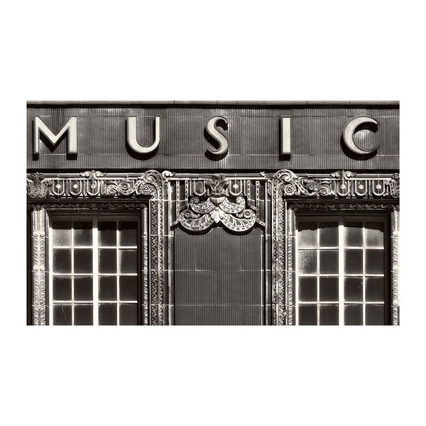 Music Shop Photo, Art Deco Music Store, Kansas City, Black and White